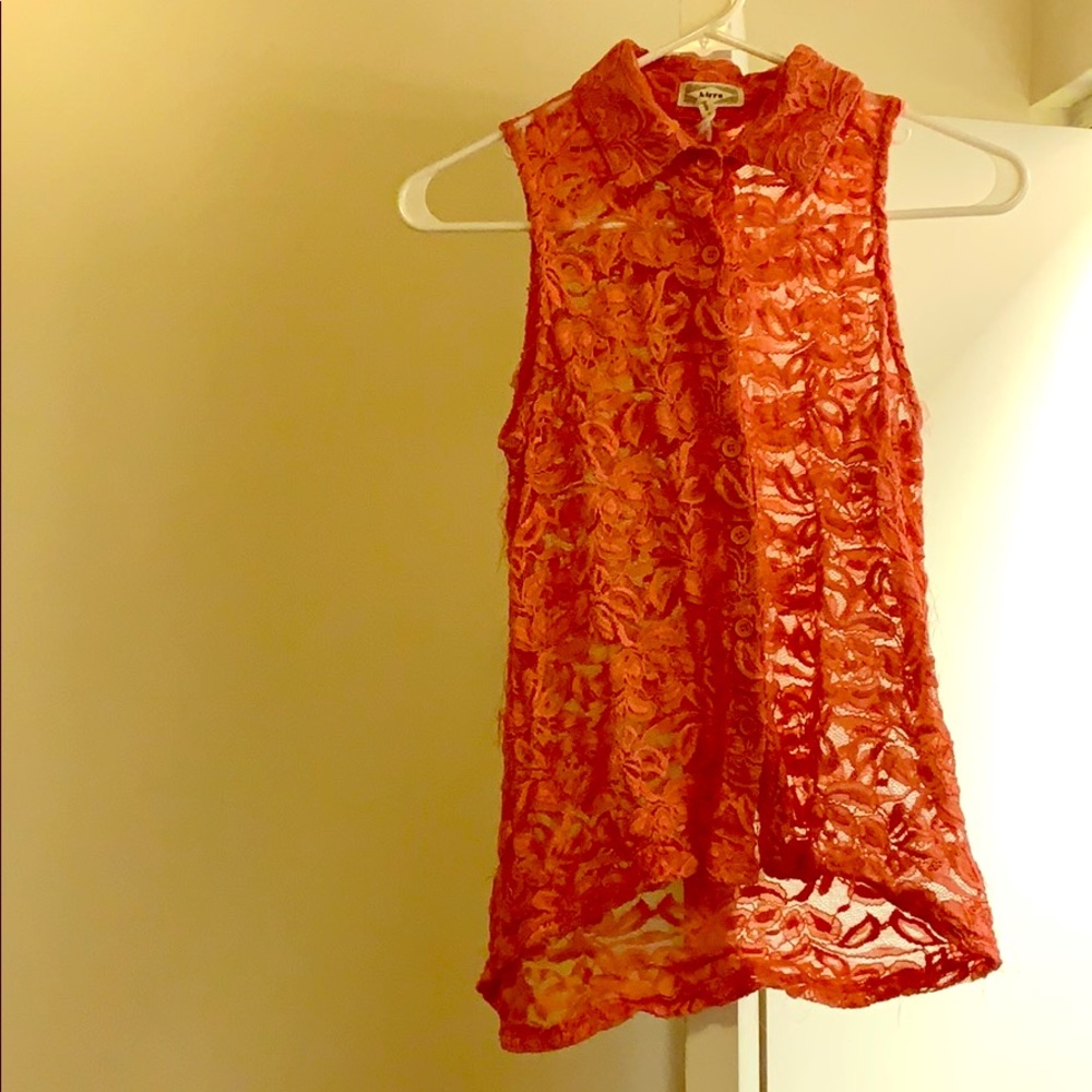 Dark orange sheer floral lace tank top button up